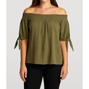 Vanilla Star Green Off Shoulder Top Women’s Medium Smocked Waist 100% Cotton